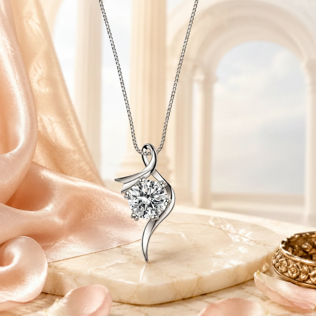 S-curve moissanite pendant hanging beside a marble arch