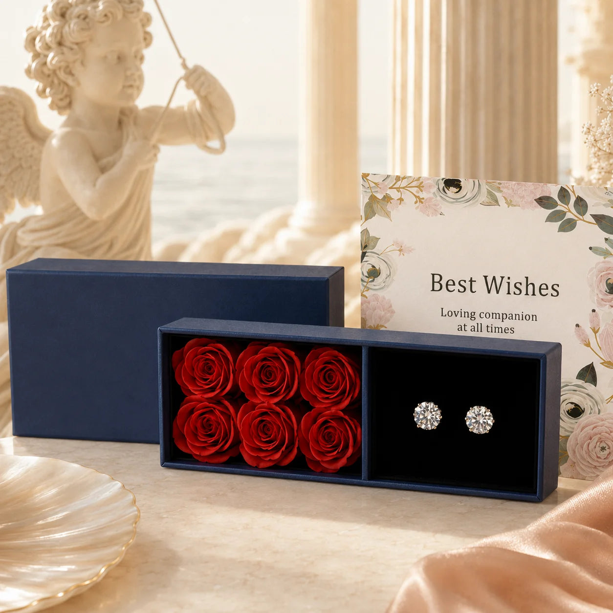 SENTO Eros Lumiere earrings in navy gift box with red roses and Best Wishes greeting card