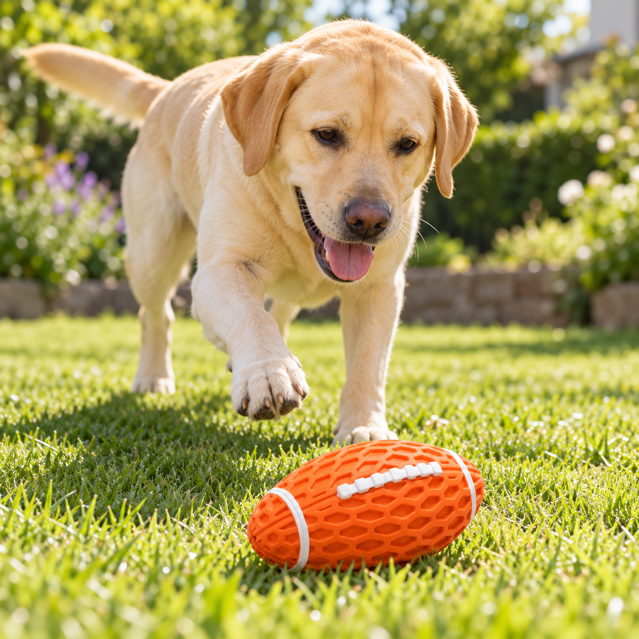 A yellow Labrador approaching an orange football toy on the grass