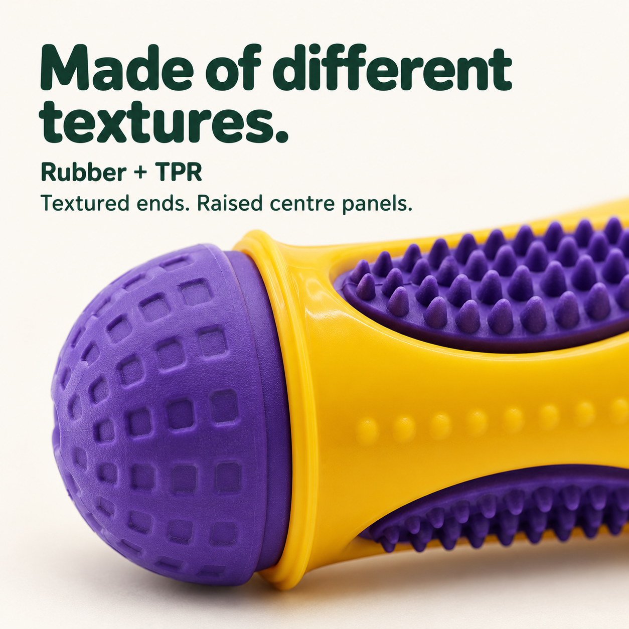 Close-up of the Treat Roller purple end, yellow sleeve and raised purple panel
