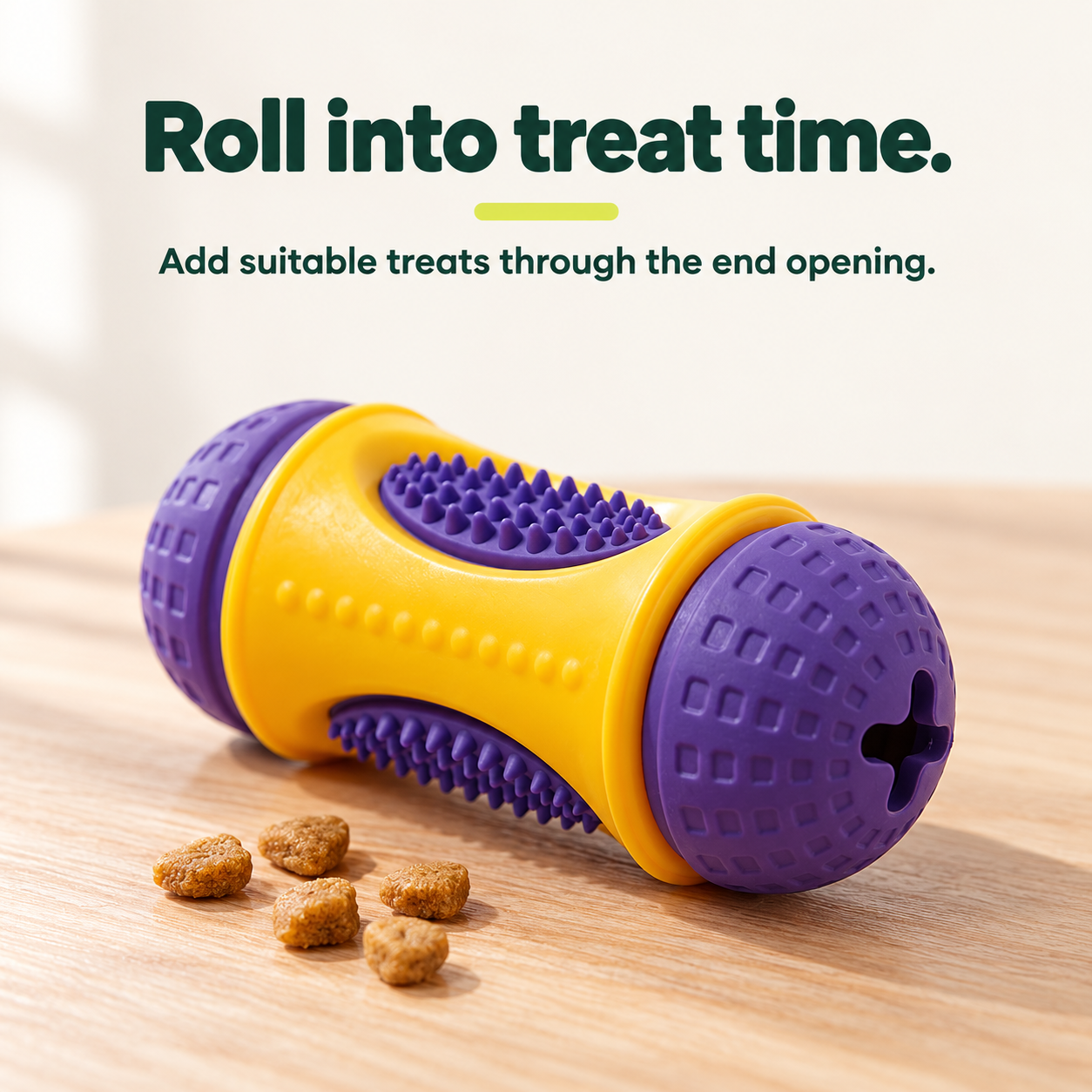 Purple-and-yellow Treat Roller beside dry treats with an end opening visible
