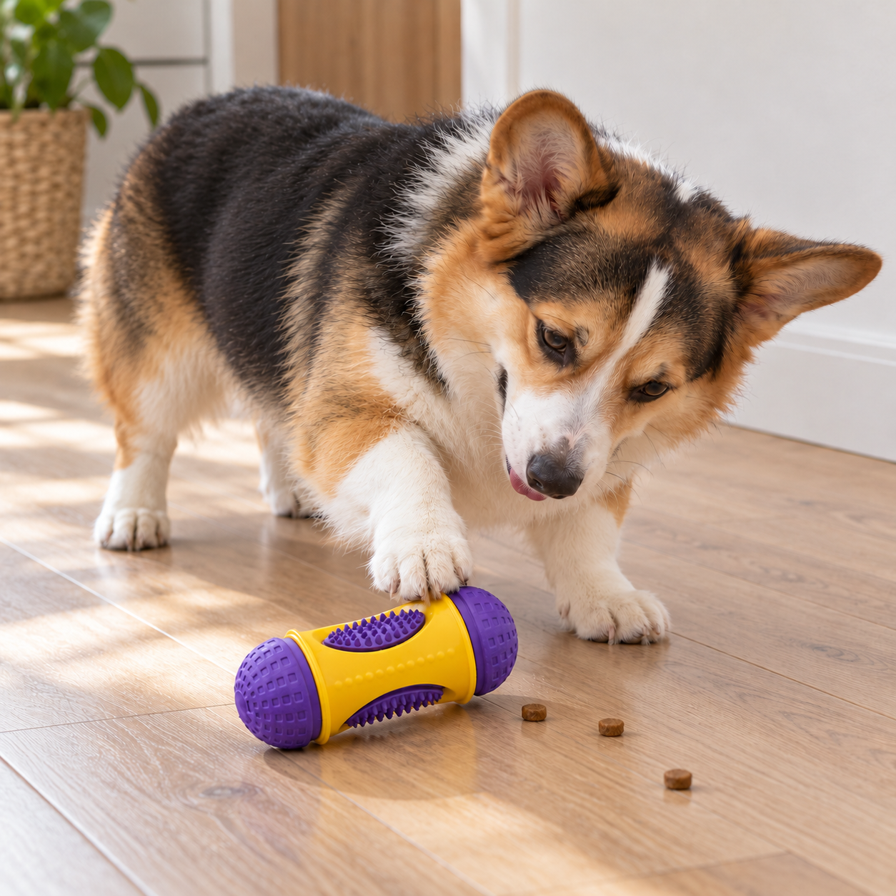 Corgi using one front paw to push the purple-and-yellow Treat Roller