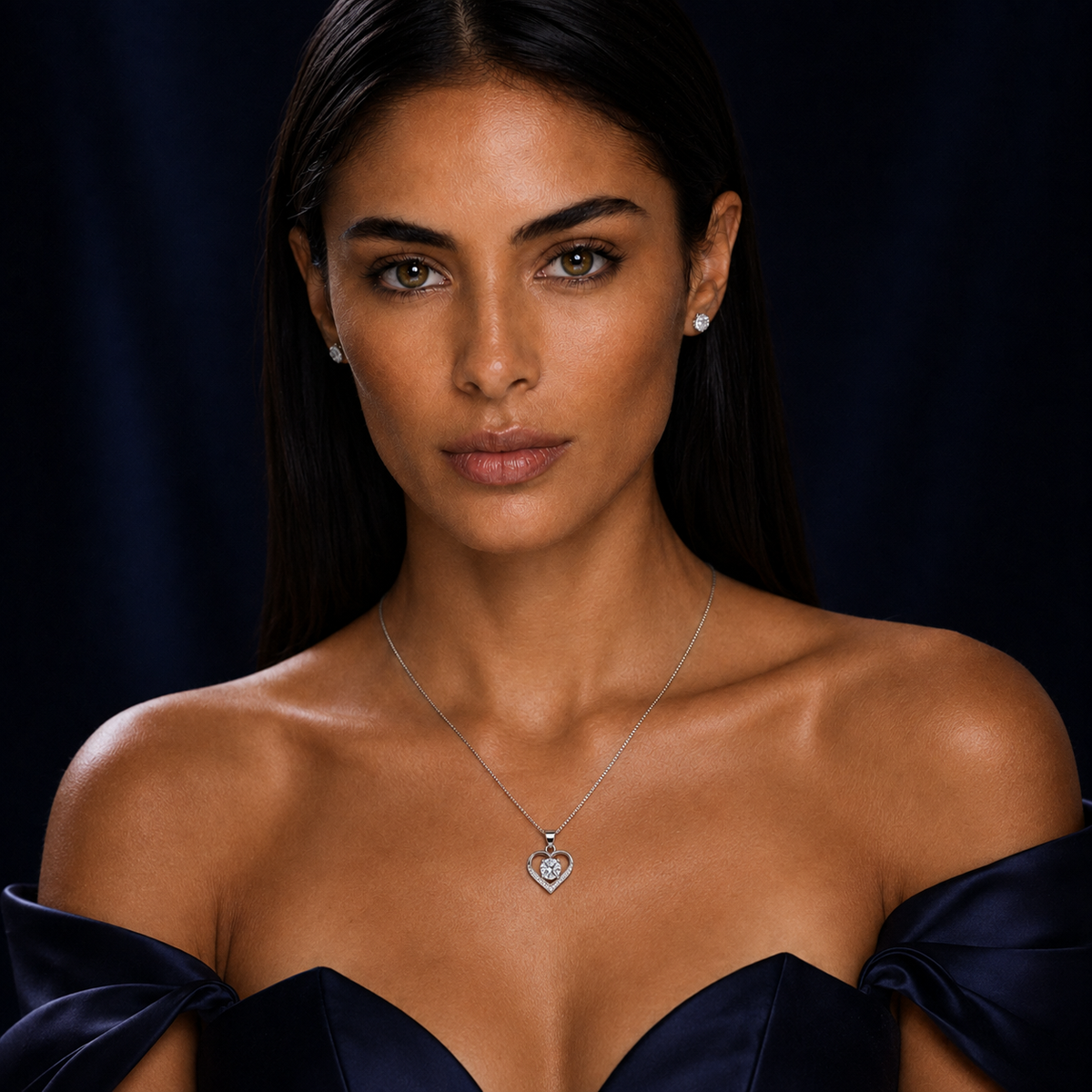 Model wearing Murmur open-frame heart moissanite pendant necklace