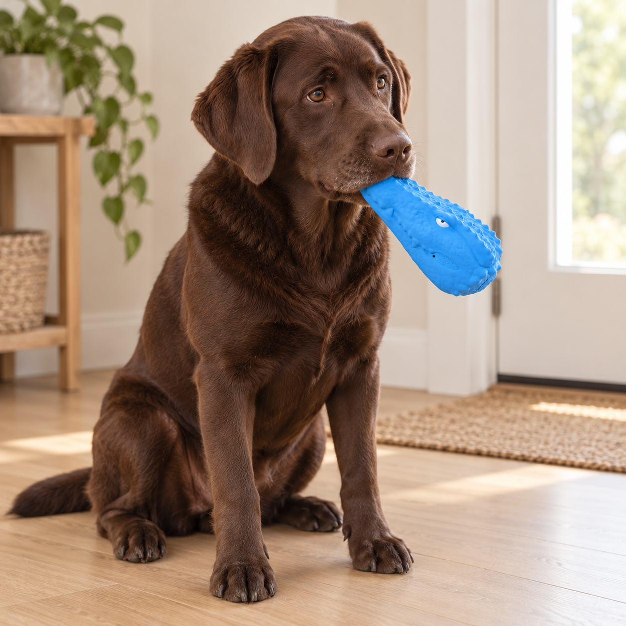 Seated chocolate Labrador gently holding the sky-blue Crocodile toy