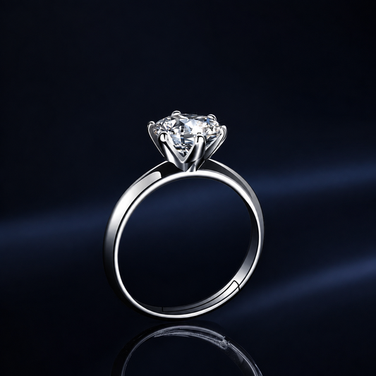 Side view of Poise six-prong solitaire setting and adjustable band