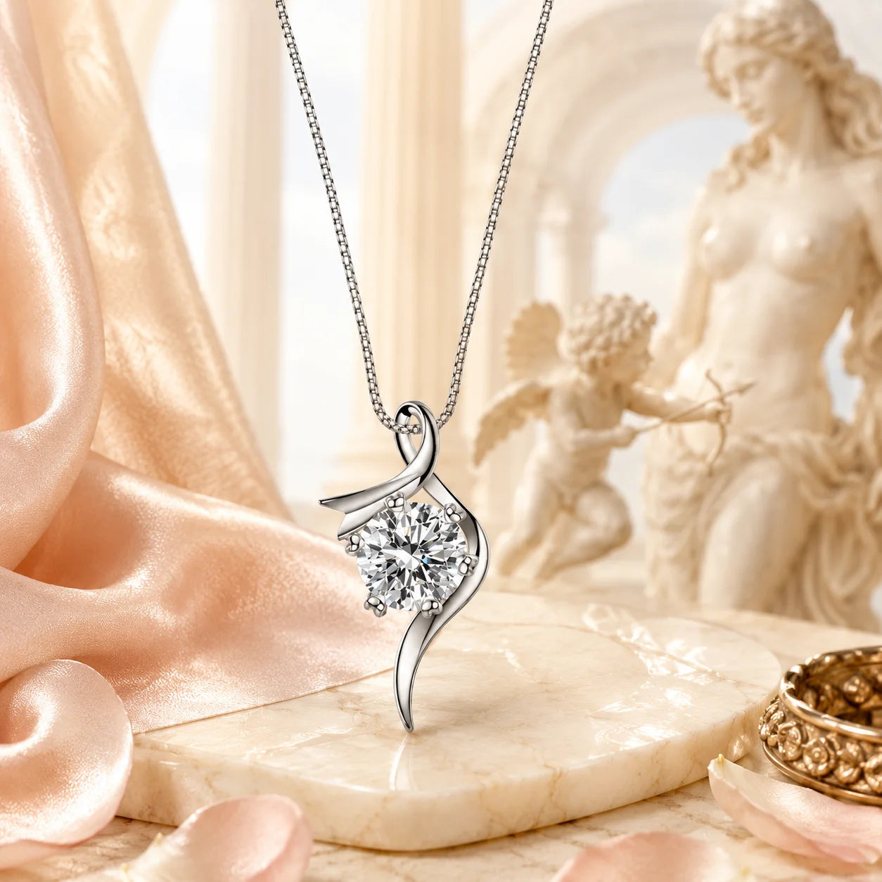 SENTO Eros Flux moissanite necklace marble block cupid roses petal warm luxury lifestyle