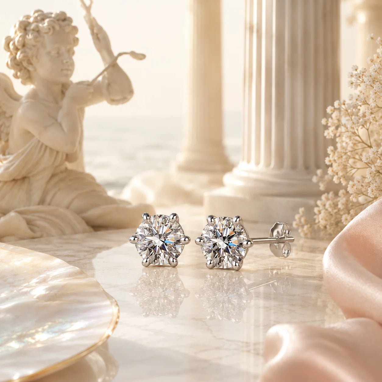 SENTO Eros Lumiere six-prong moissanite stud earrings pair on marble with cupid column background