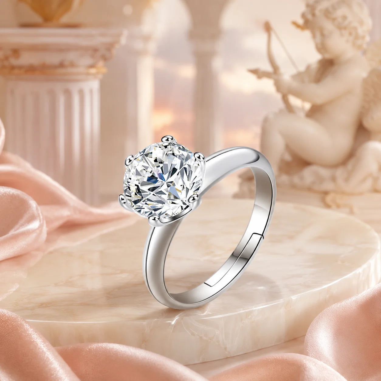Angled view of six-prong moissanite solitaire ring