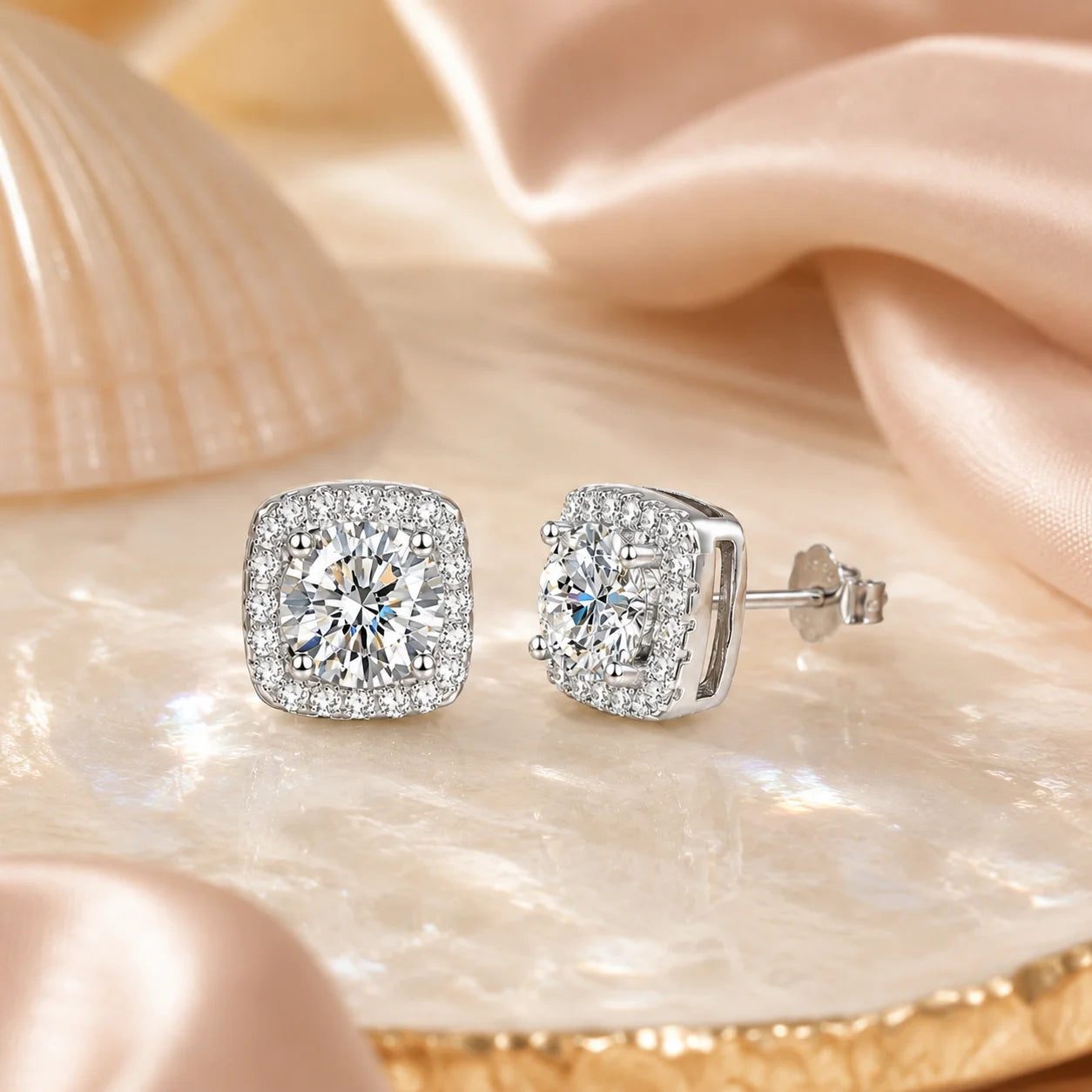 SENTO Eros Halo Stud earrings angle detail showing double halo pavé setting