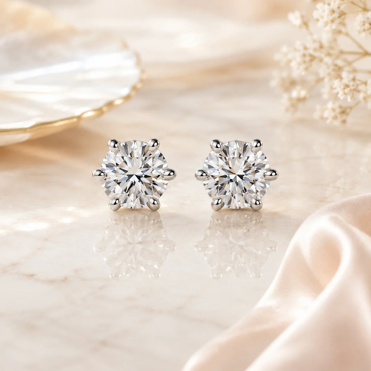 SENTO Eros Lumiere moissanite stud earrings front view on marble blush silk minimalist