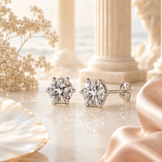 Pair of Eros' Lumière six-prong stud earrings on marble