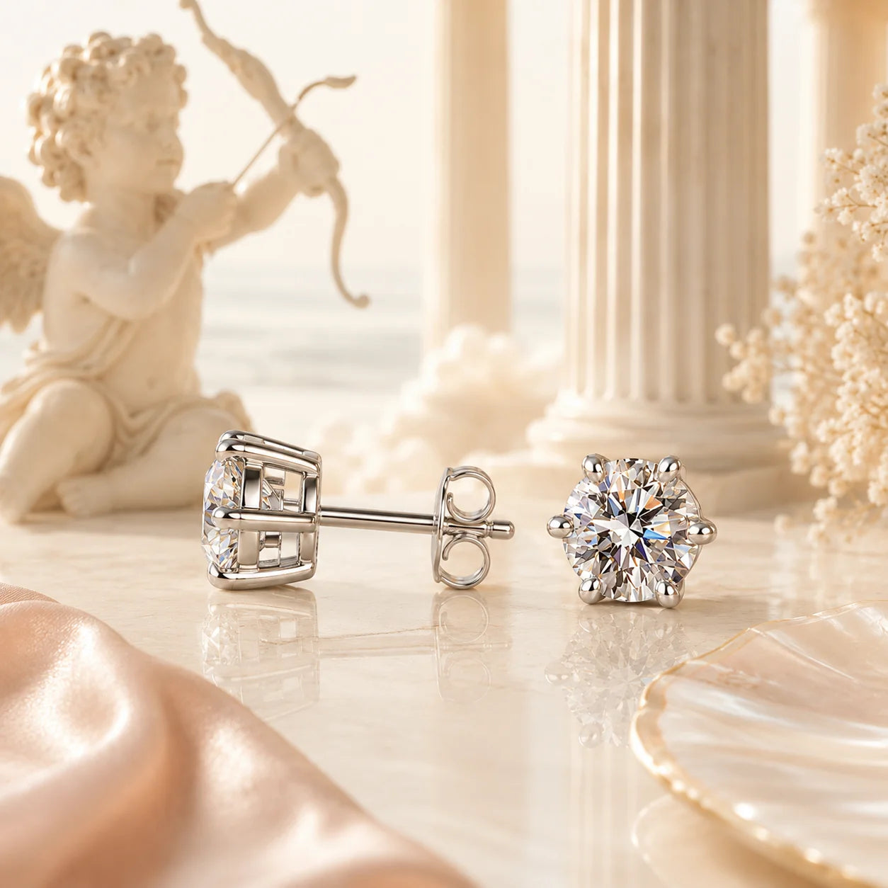 SENTO Eros Lumiere earrings side view showing butterfly push-back closure and six-prong basket