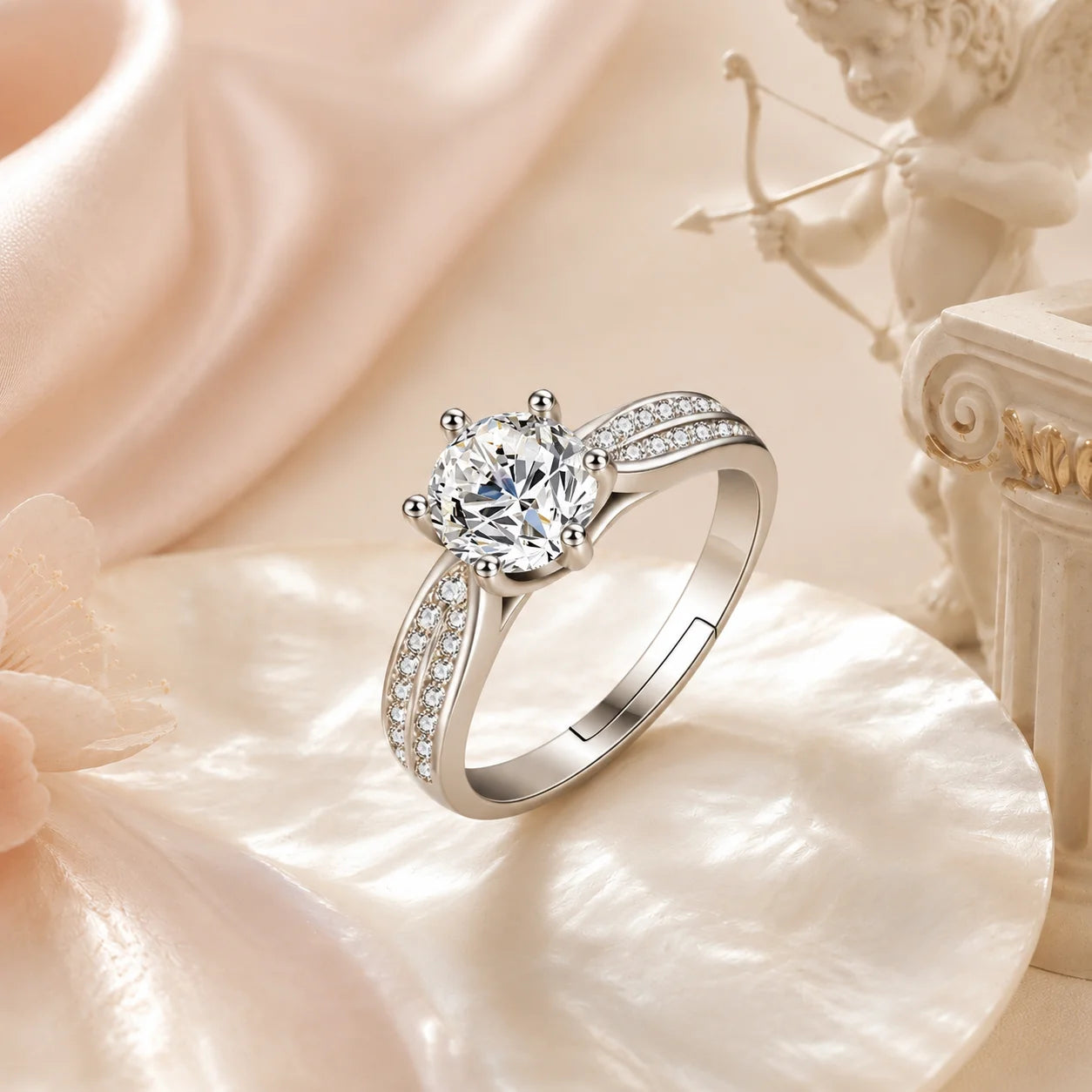 SENTO Eros Aile moissanite ring side profile showing six-prong crown and split shank cupid