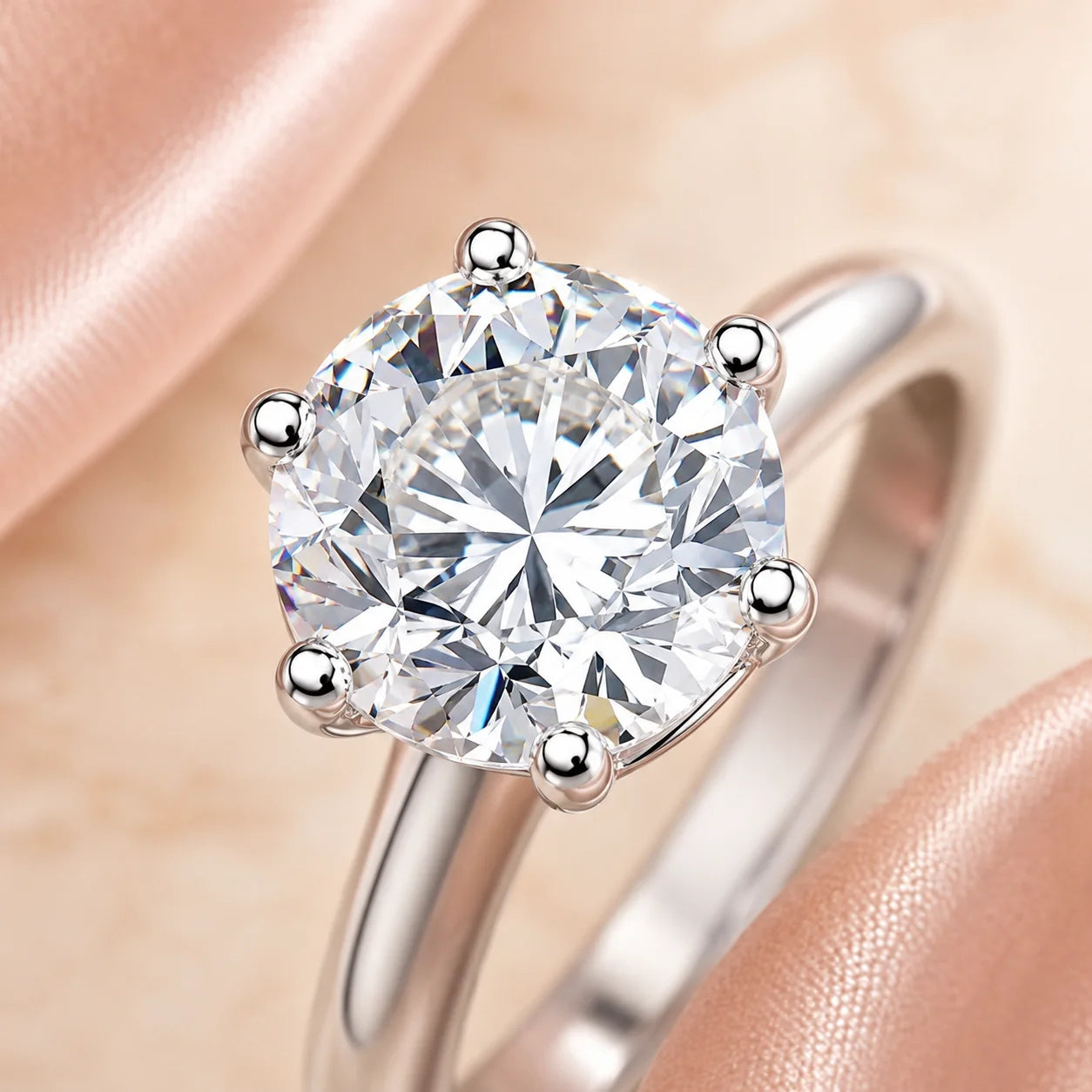 Close-up of round center and six-prong setting