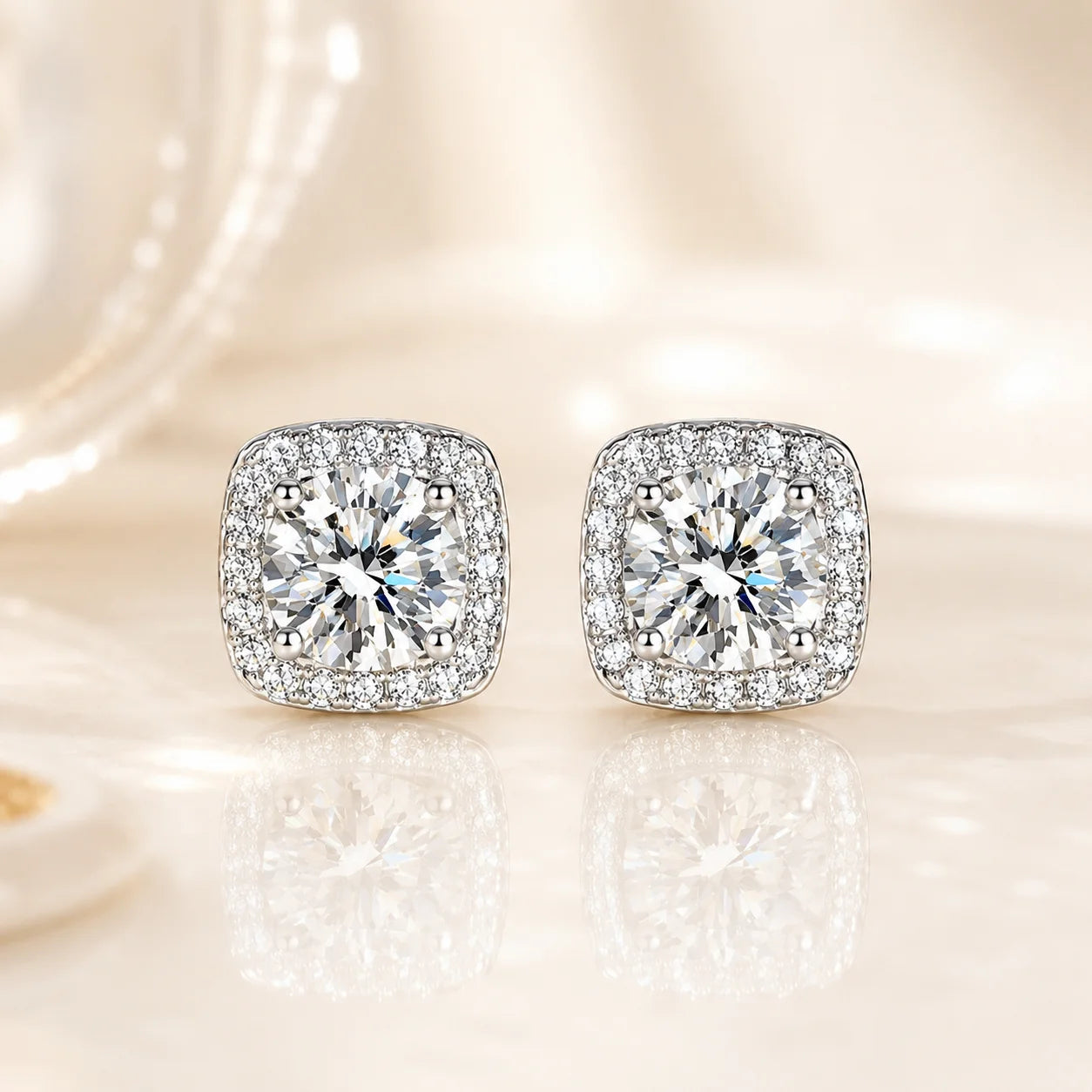 SENTO Eros Halo Stud pair front view — double-row cushion pavé moissanite earrings on silk surface