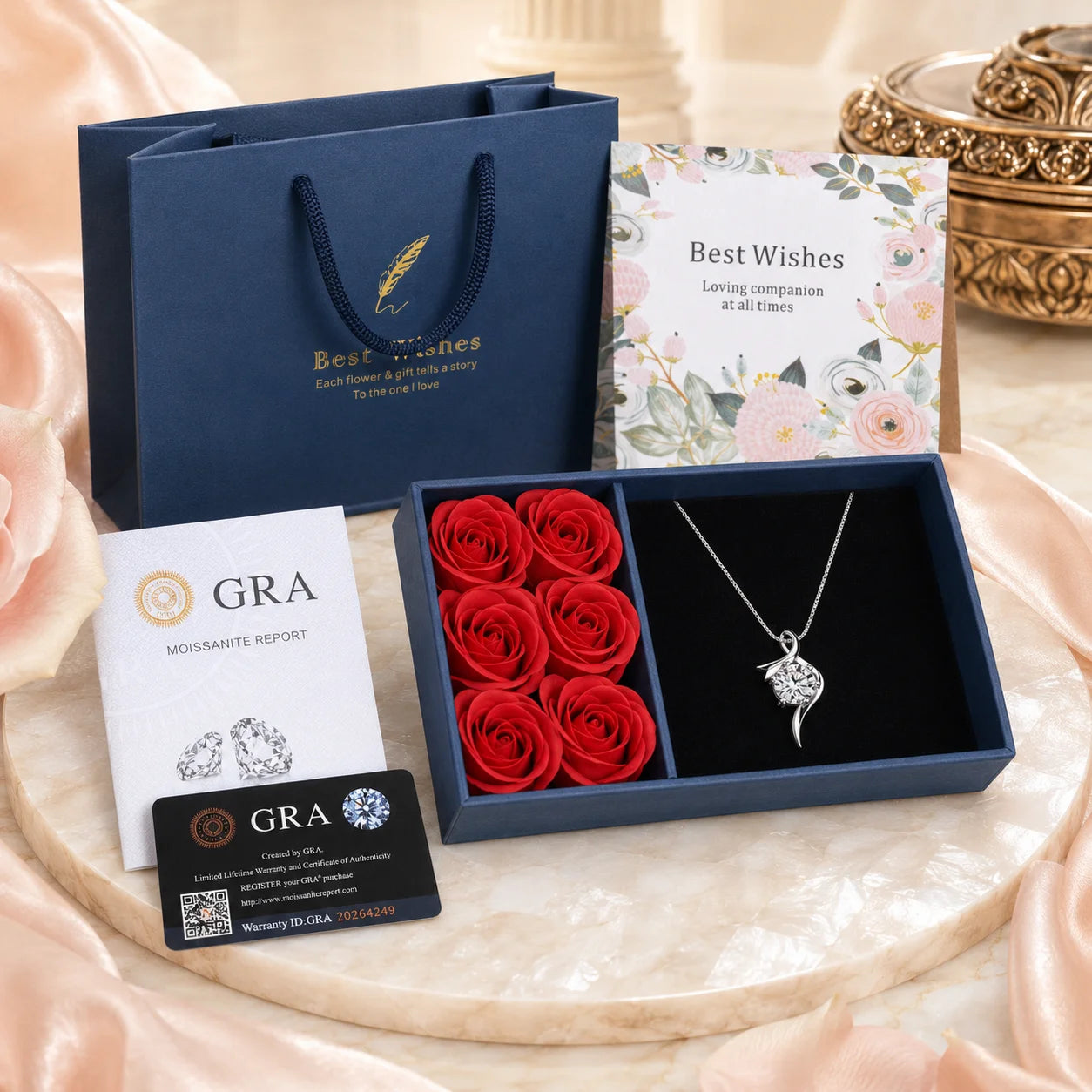 SENTO Eros Flux full gift set navy box red roses GRA certificate greeting card gift bag