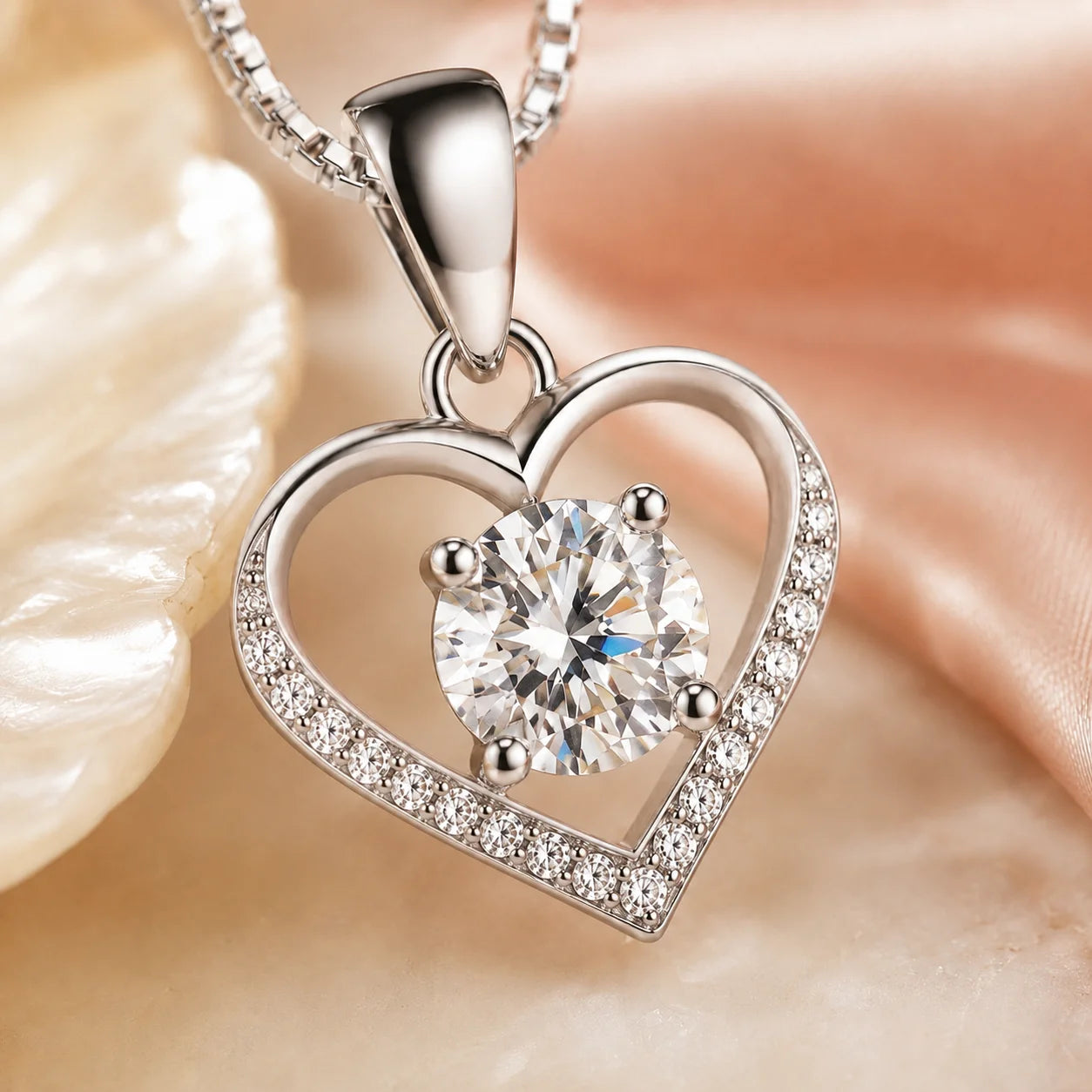 Close-up of four-prong center and pave lower heart arc