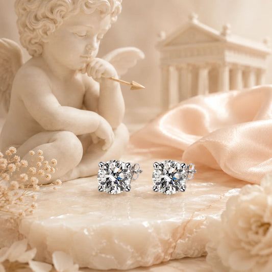 SENTO Eros Pure four-prong moissanite stud earrings on marble cupid archer temple background