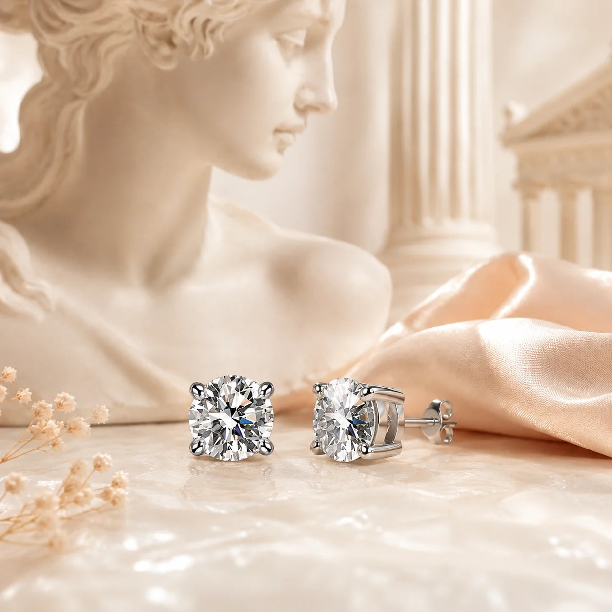 SENTO Eros Pure stud earrings on marble Venus statue column blush silk lifestyle