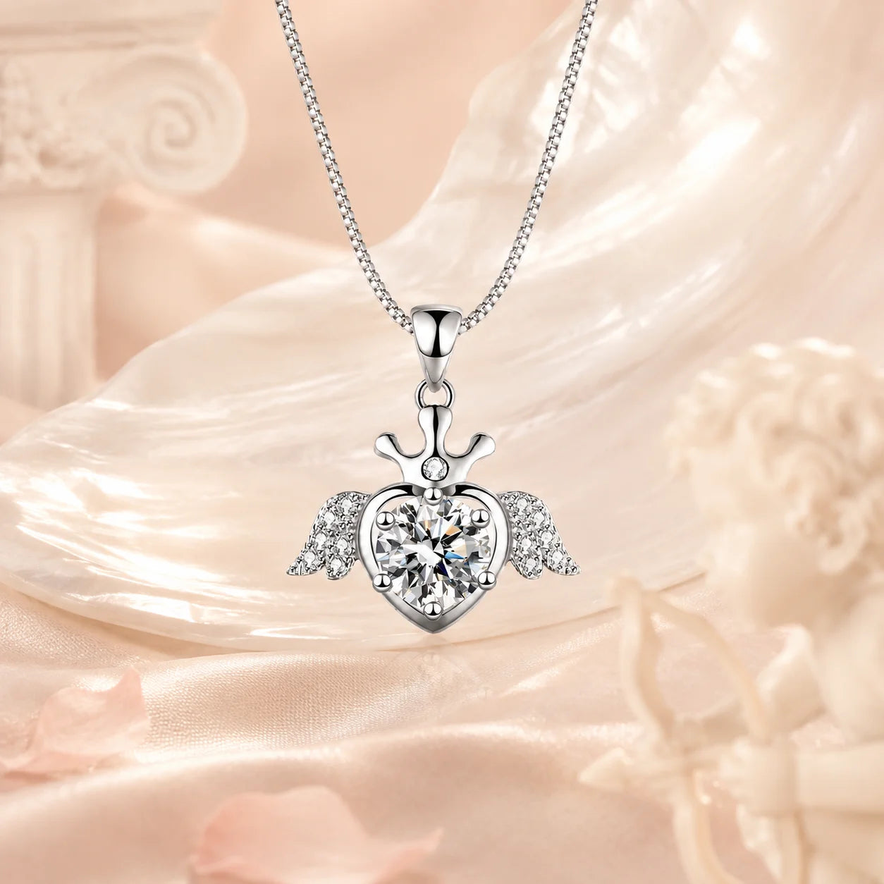 SENTO Eros Seraph necklace on marble shell column cupid blush silk lifestyle