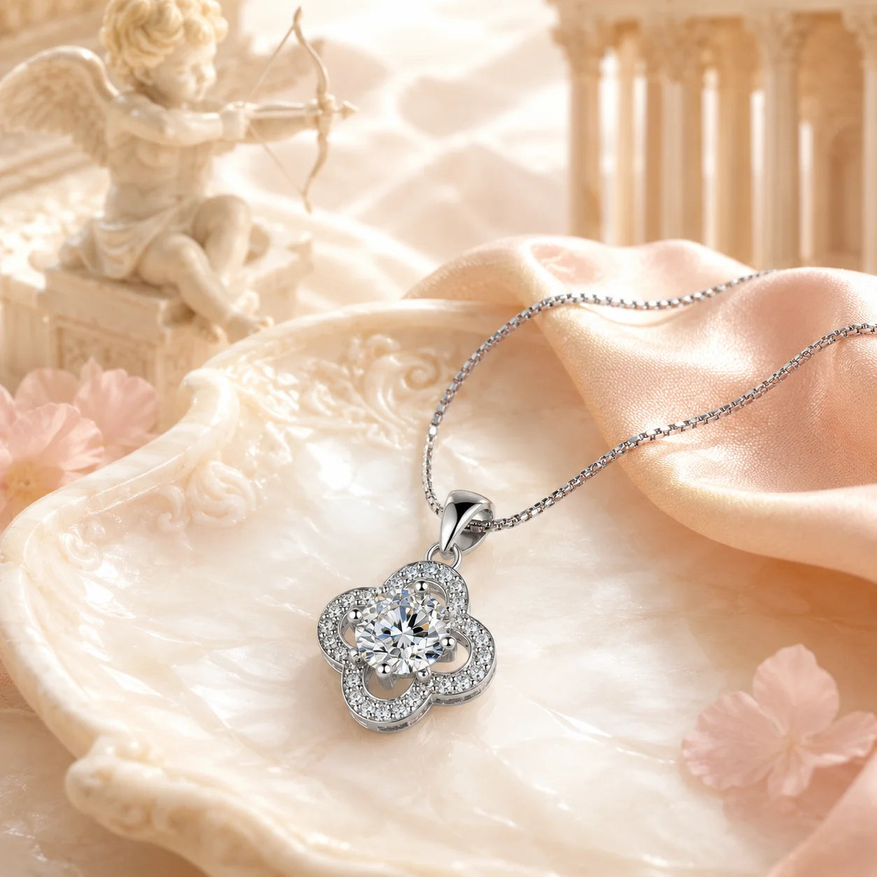 Four-petal moissanite necklace resting on a shell dish