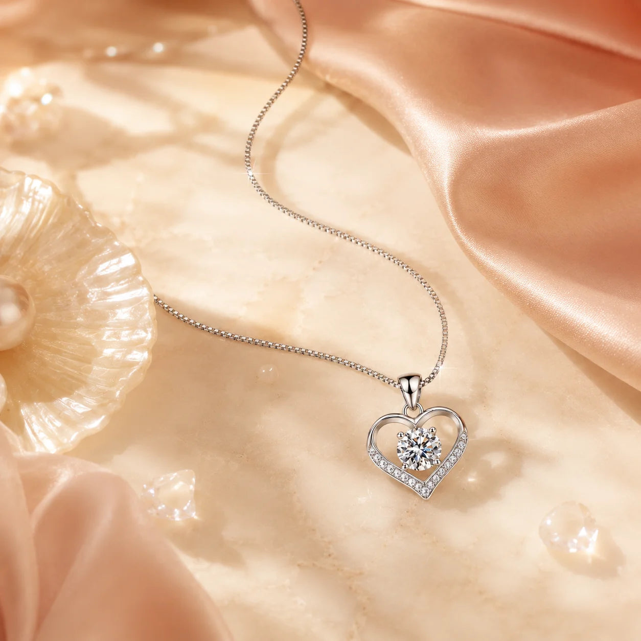 Open-heart moissanite necklace resting beside pale silk