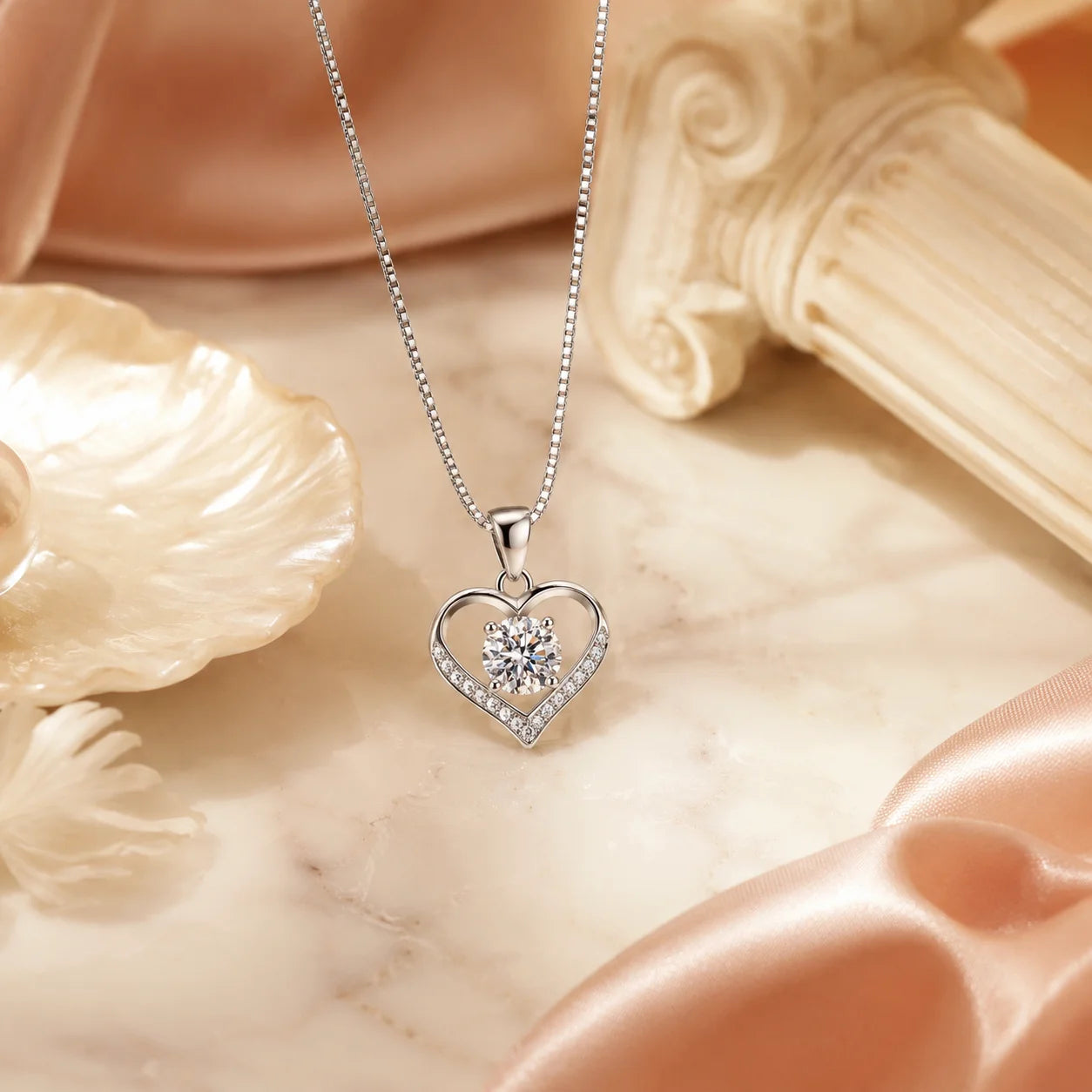 Open-heart moissanite pendant on a marble surface