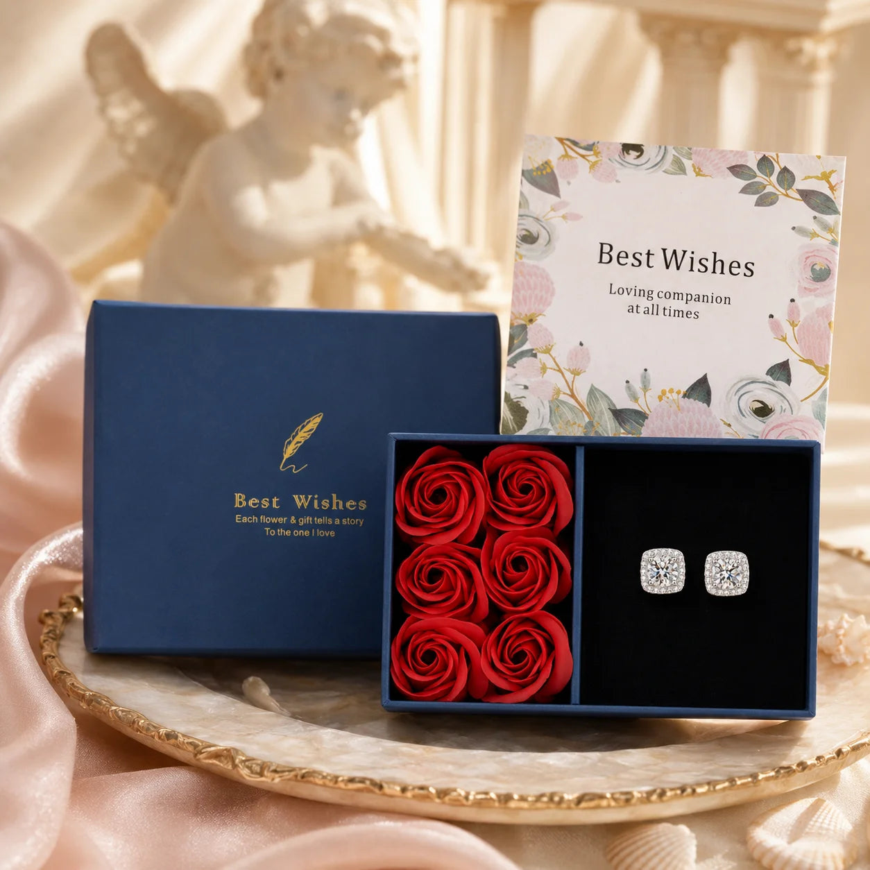 SENTO Eros Halo Stud earrings lifestyle flat lay warm beige silk background