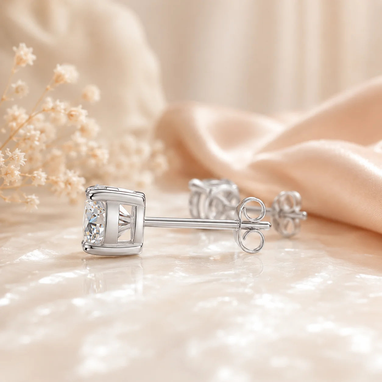 SENTO Eros Pure moissanite studs side profile butterfly back detail dried flowers blush