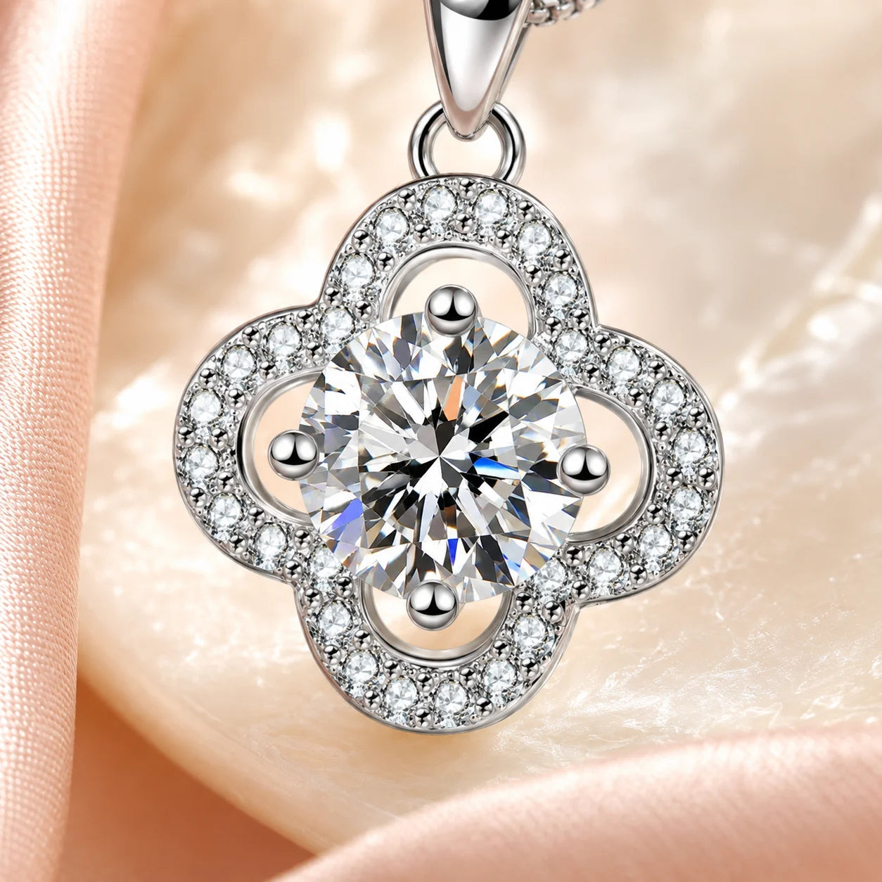 Close-up of four-petal pave moissanite pendant