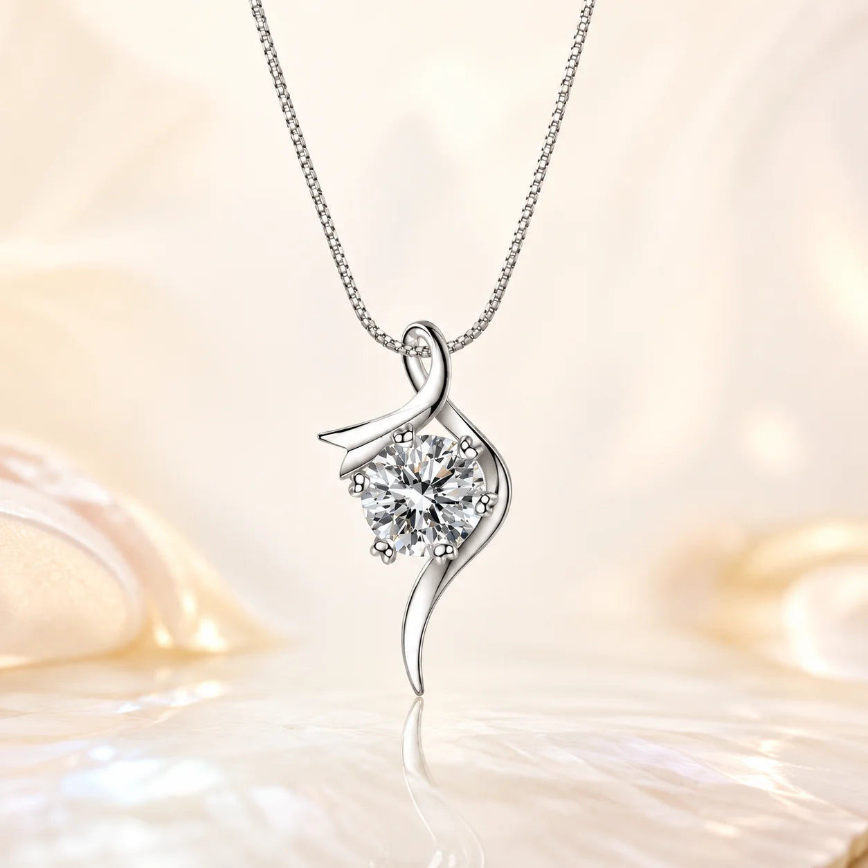 SENTO Eros Flux fluid frame moissanite necklace hero shot beige shell background