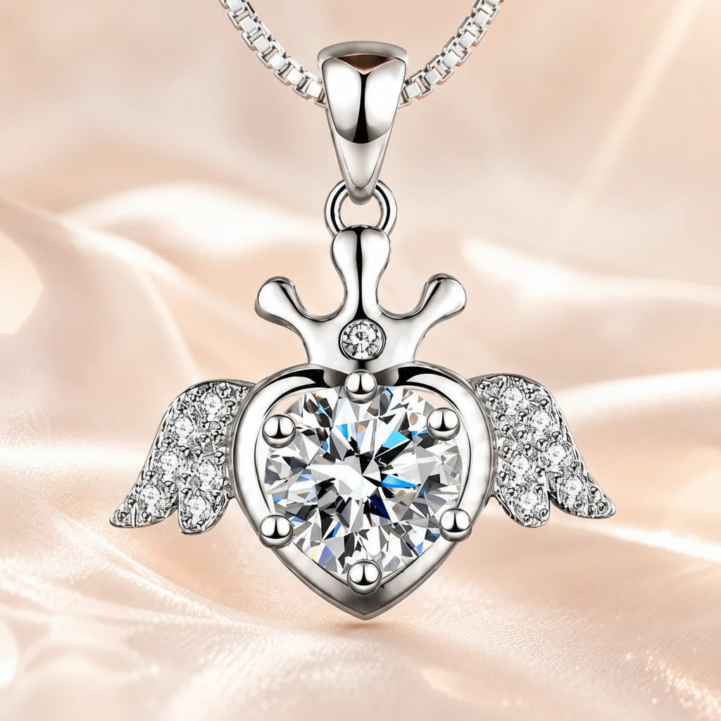 SENTO Eros Seraph heart crown angel wings moissanite pendant close-up D VVS1 pave wings
