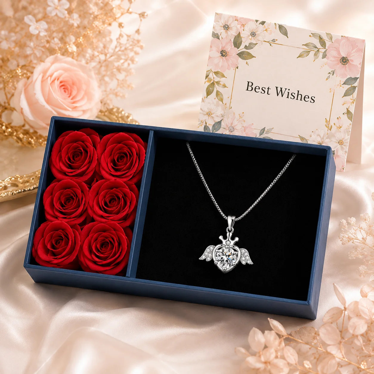 SENTO Eros Seraph necklace in navy gift box red roses Best Wishes card gold tray