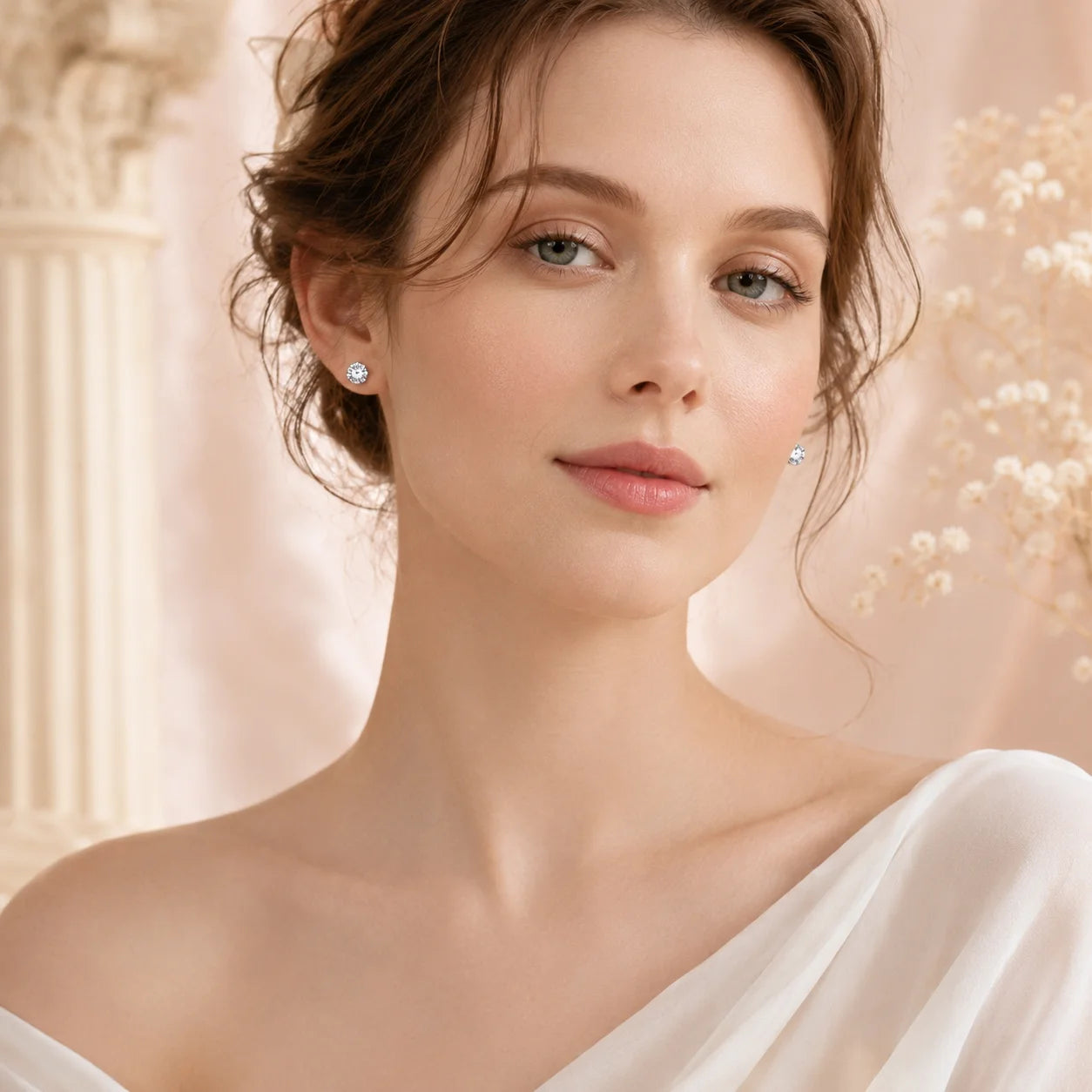 SENTO Eros Pure moissanite studs worn by model face editorial blush column gypsophila