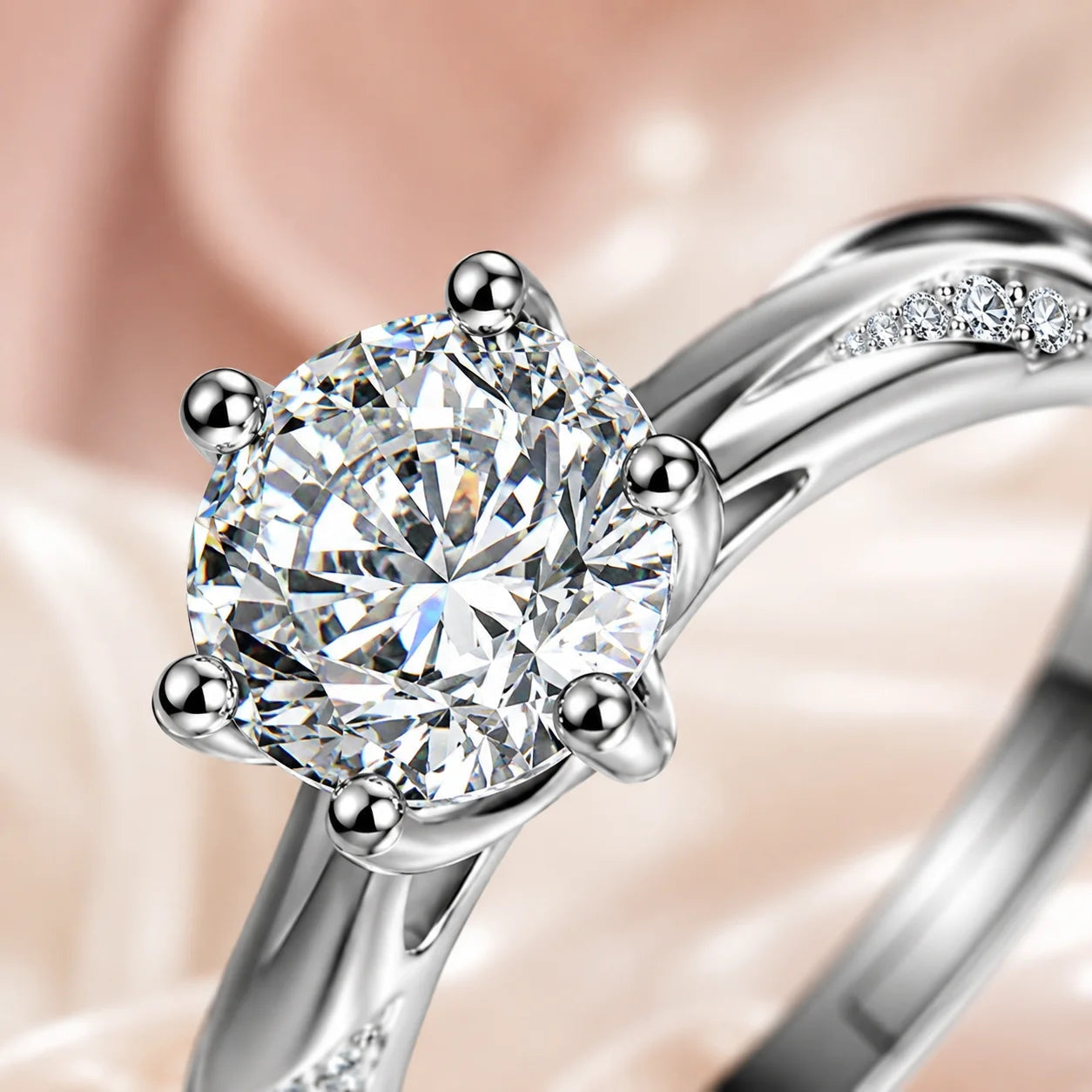 Close-up of round center stone and shoulder accents