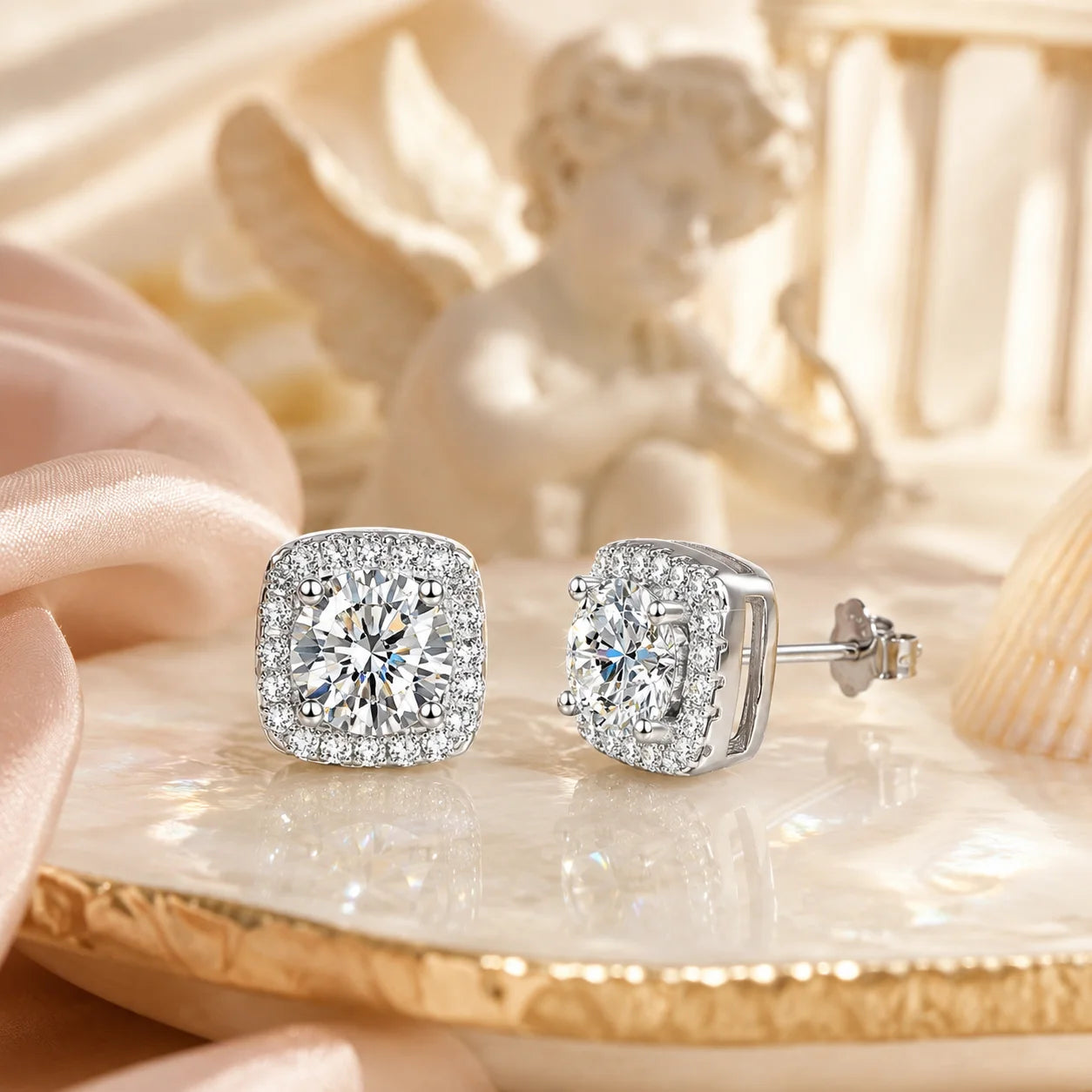SENTO Eros Halo Stud pair on marble surface close-up stone brilliance