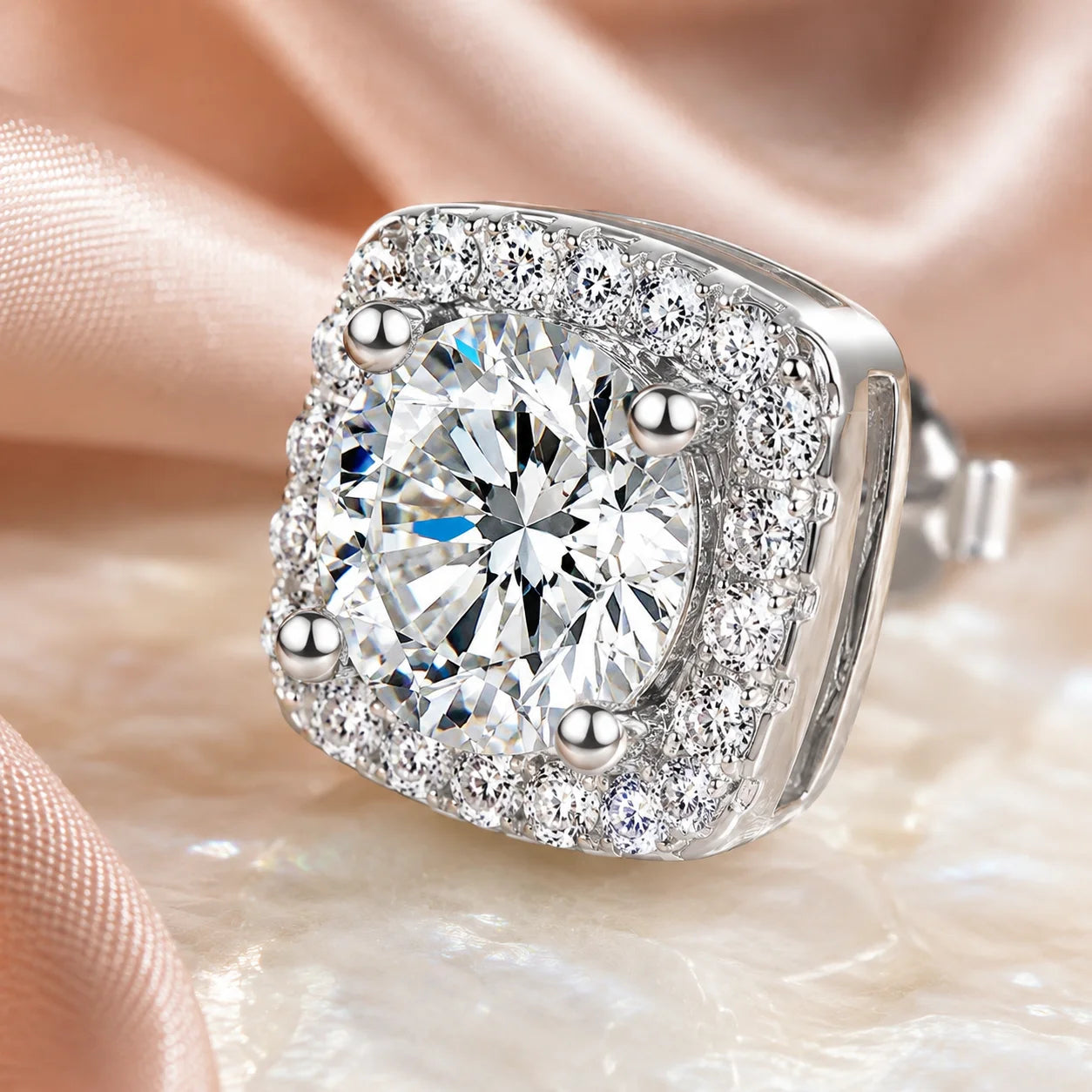 SENTO Eros Halo Stud moissanite earrings worn on model ear close-up