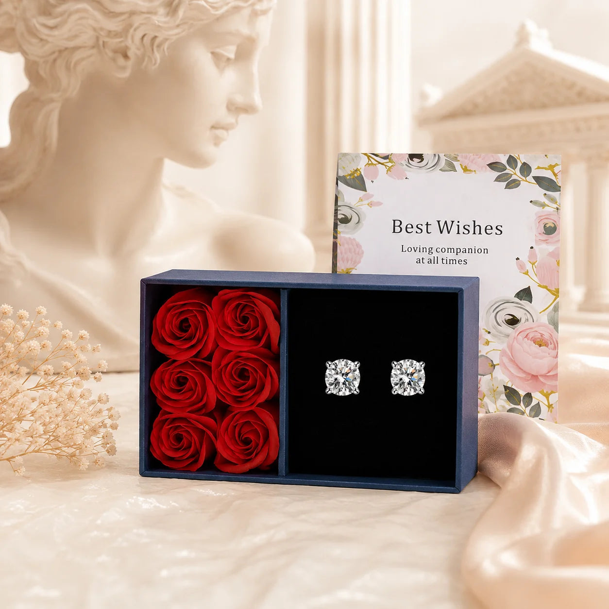 SENTO Eros Pure stud earrings in navy gift box red roses Best Wishes card Venus statue