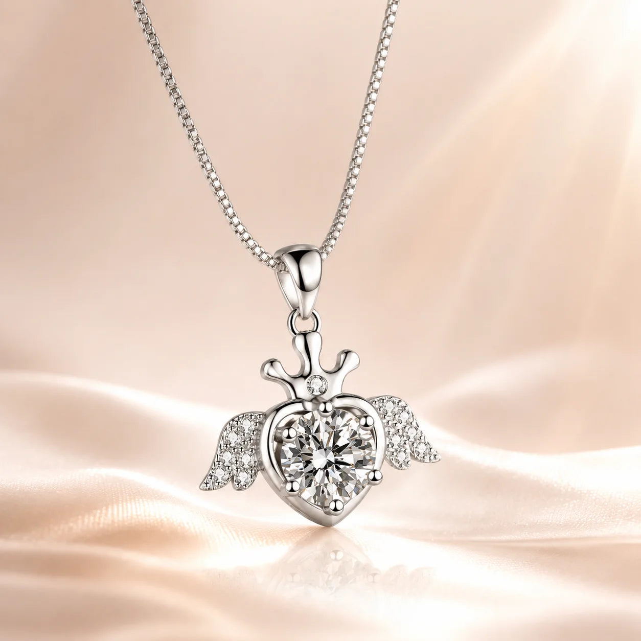 SENTO Eros Seraph winged heart necklace hero shot blush silk front view