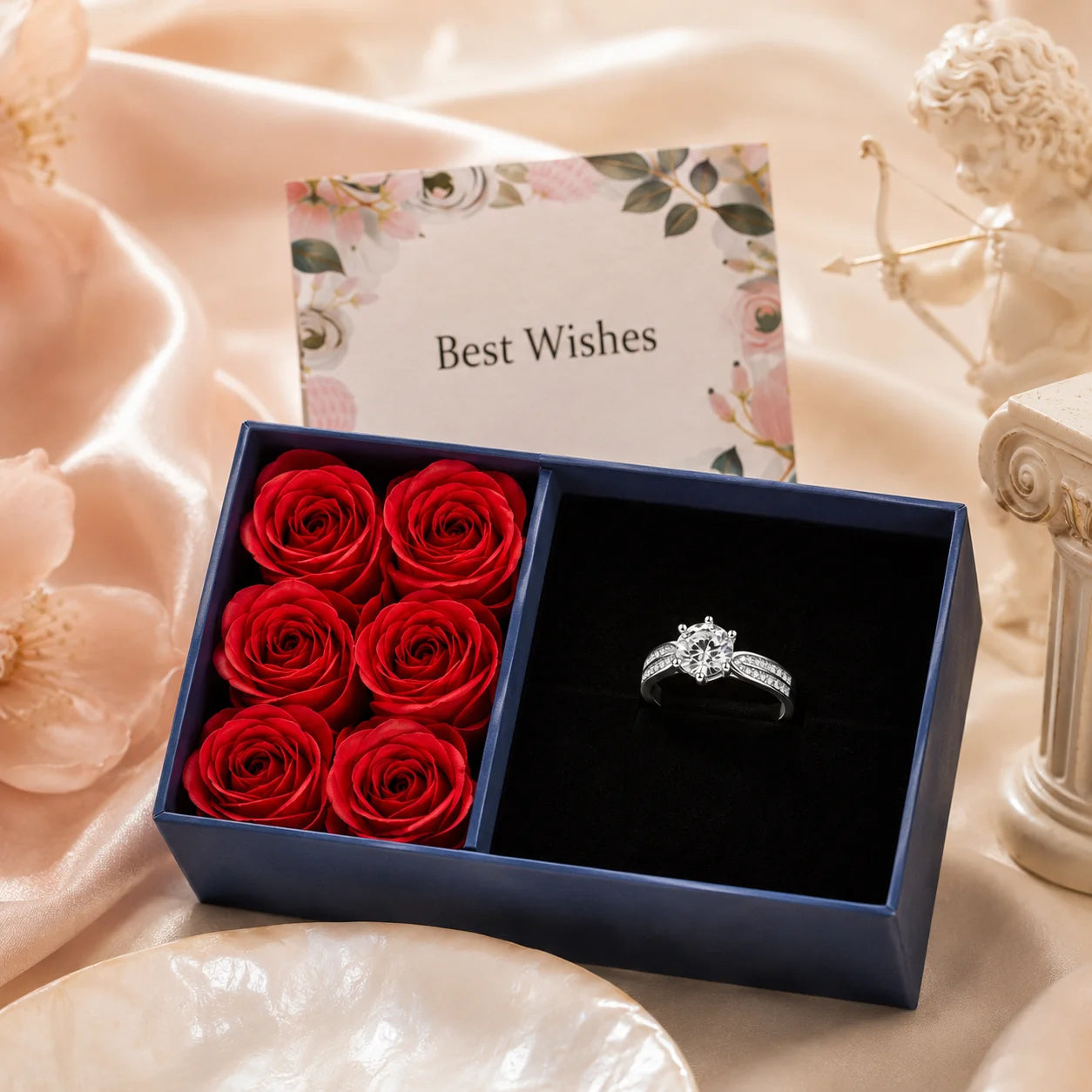 SENTO Eros Aile ring hero shot on pearl marble cupid archer column blush silk