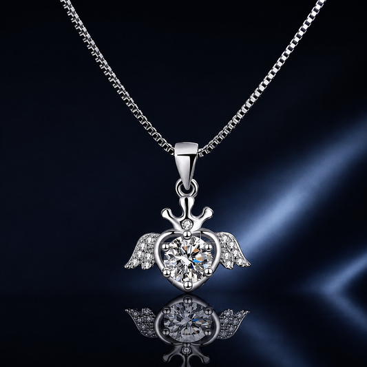 Close-up of Plume winged crown heart moissanite pendant and box chain