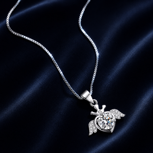 Plume winged crown heart moissanite pendant necklace on dark blue velvet