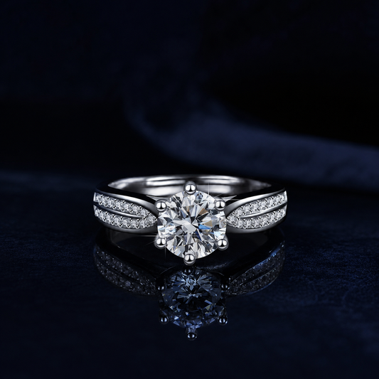 Front view of Duet six-prong moissanite ring with double pave split shank