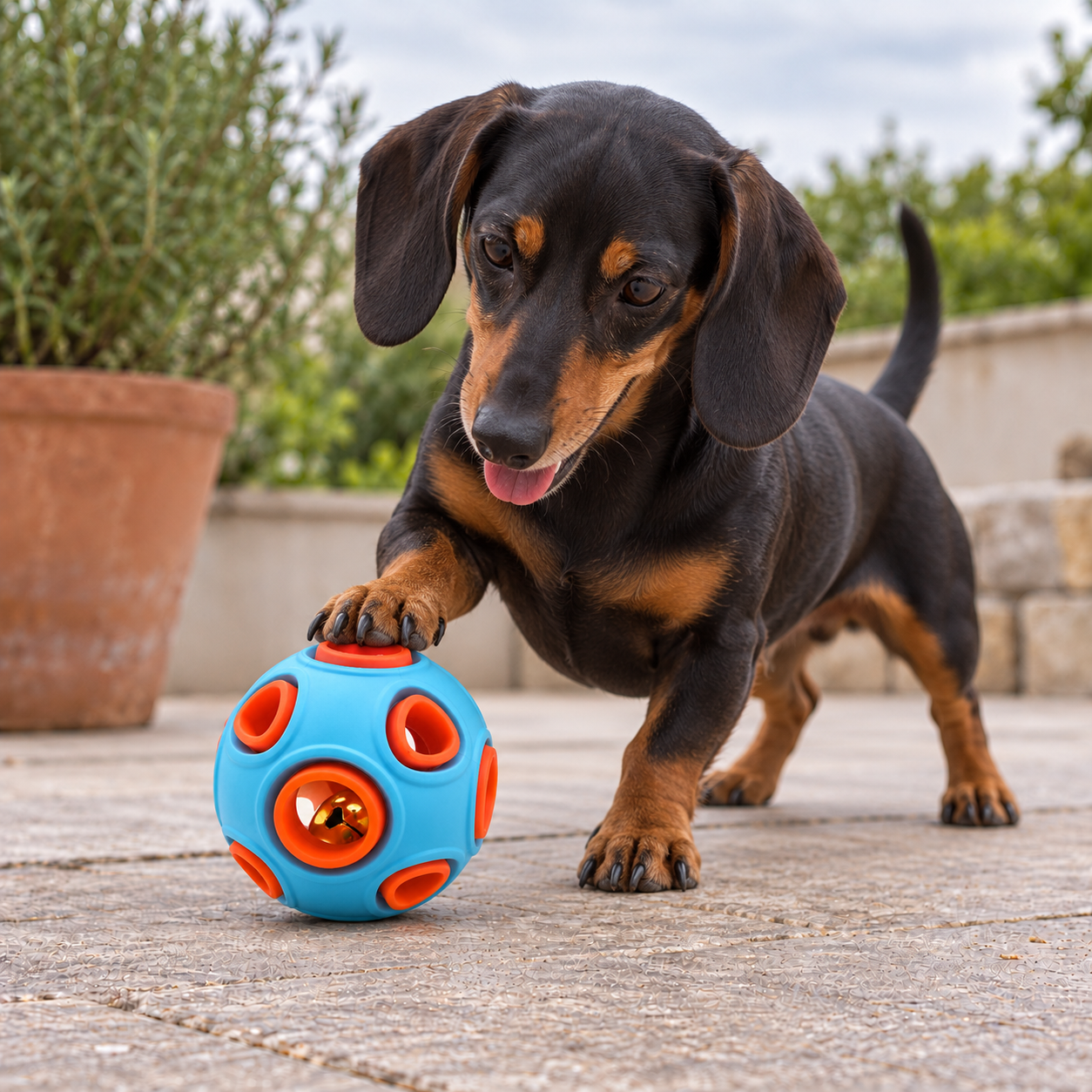 Short-haired dachshund nudging the blue-and-orange Anemone bell ball with a paw
