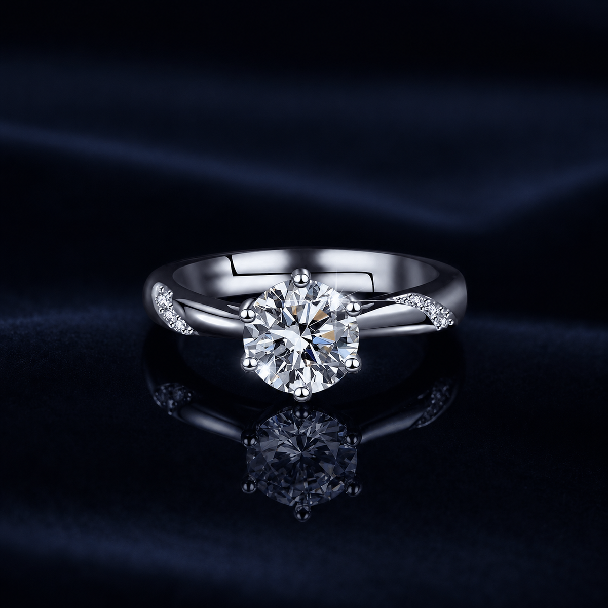 Front view of Lilt six-prong round moissanite ring with shoulder accents