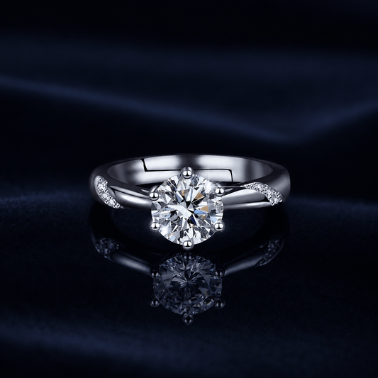 Front view of Lilt six-prong round moissanite ring with shoulder accents