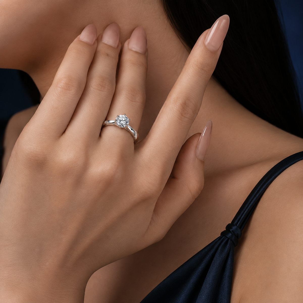 Model wearing Lilt six-prong round moissanite ring with shoulder accents