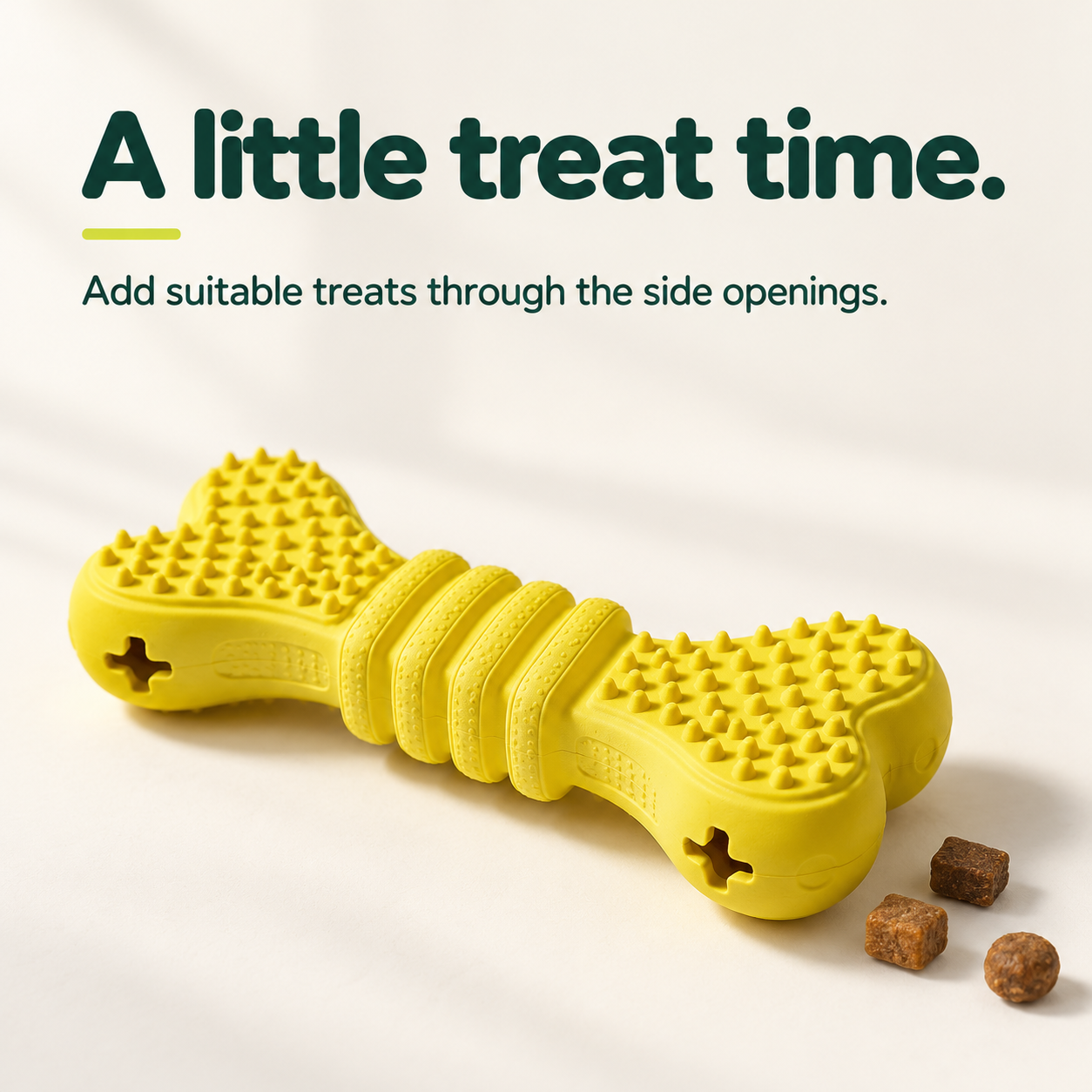 Yellow Treat Bone beside dry treats with a side opening visible