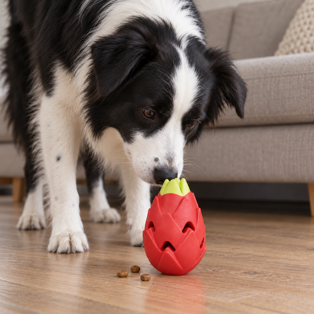 A border collie sniffing a red Dragon Fruit toy beside a few treats