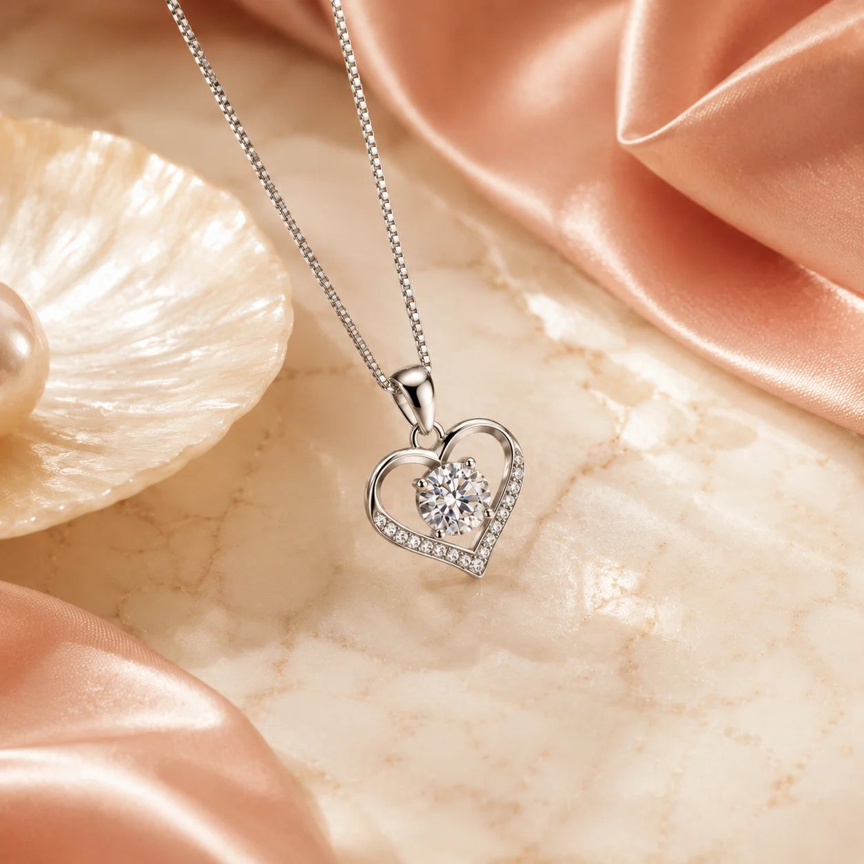 Open-heart moissanite pendant with box chain and shell